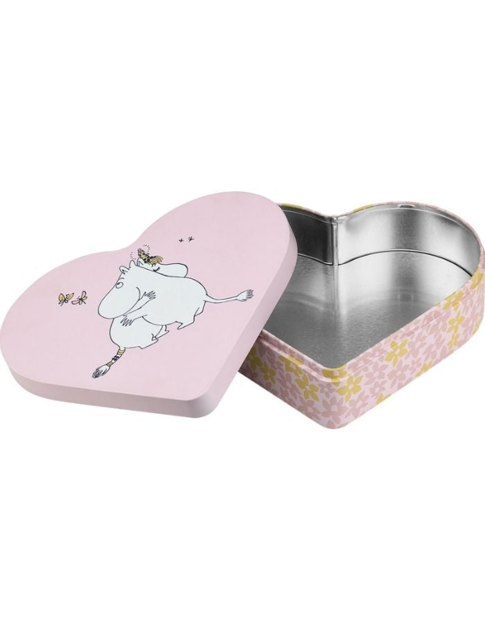 Muurla Metalldose Moomin Hug in Herzform in Rosa mit Moomintroll und Snorkmaiden Umarmung.