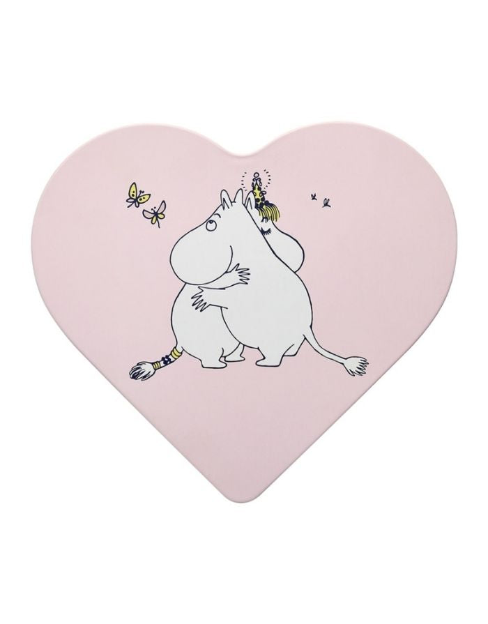 Muurla Metalldose Moomin Hug in Herzform in Rosa mit Moomintroll und Snorkmaiden Umarmung.