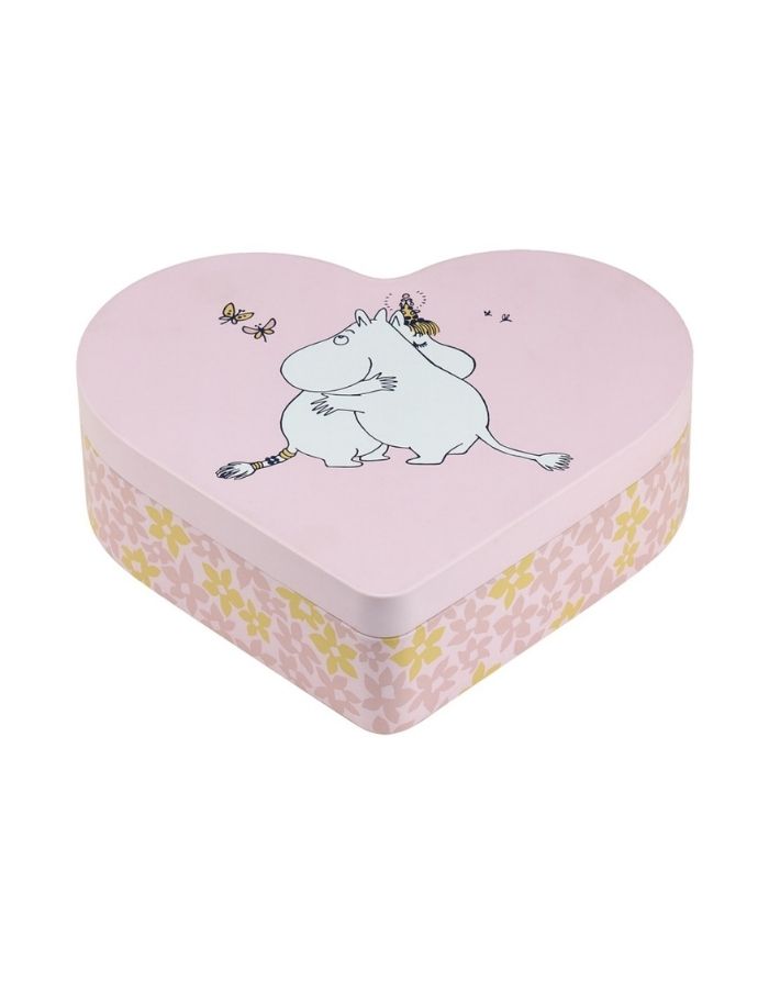 Muurla Metalldose Moomin Hug in Herzform in Rosa mit Moomintroll und Snorkmaiden Umarmung.