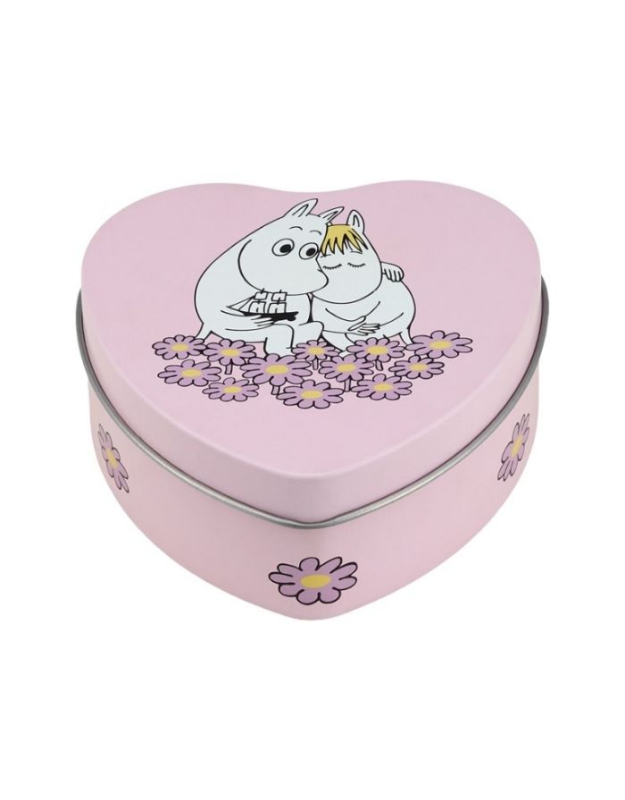 Muurla Metalldose Moomin Together in Rosa in Herzform mit floralen Details und Moomin-Motiv.