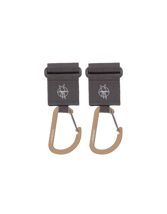LÄSSIG Kinderwagenhaken 2er Set in Anthrazit – robuste Karabiner mit Klettverschluss zur sicheren Befestigung von Taschen und Zubehör am Kinderwagen oder Buggy.