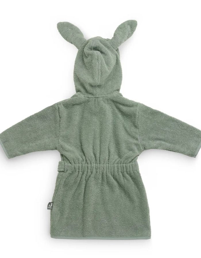 Jollein Kinderbademantel in der Farbe Ash Green aus weichem Baumwollfrottee mit Kapuze und Gürtel.
