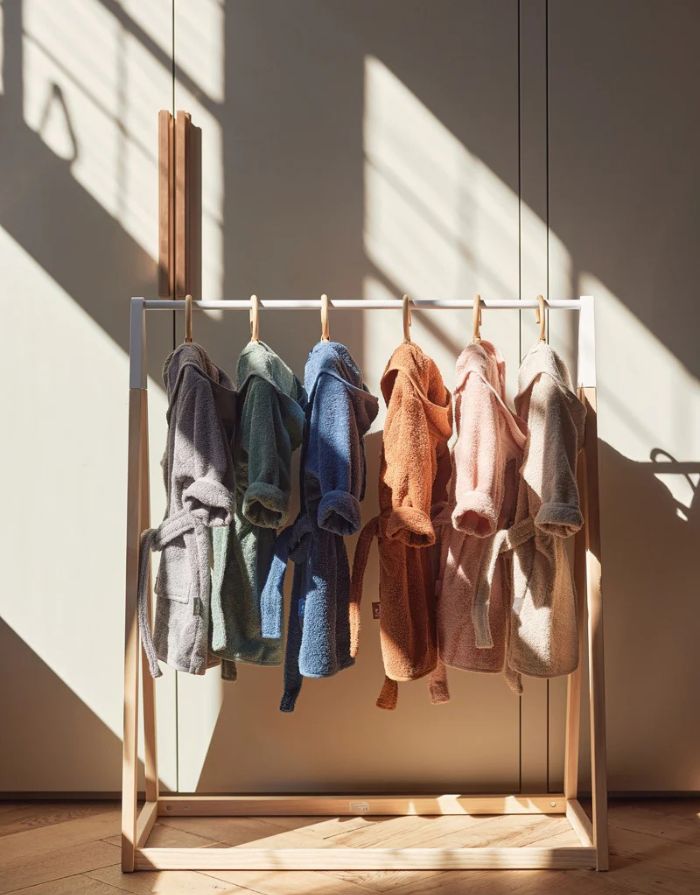 Jollein Kinderbademantel in der Farbe Ash Green aus weichem Baumwollfrottee mit Kapuze und Gürtel.