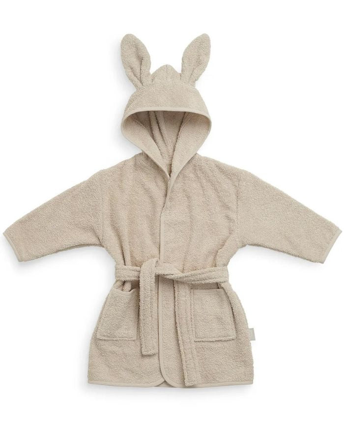 Weicher Jollein Kinderbademantel aus Baumwollfrottee mit Kapuze und Gürtel für Kinder von 12 bis 24 Monaten.