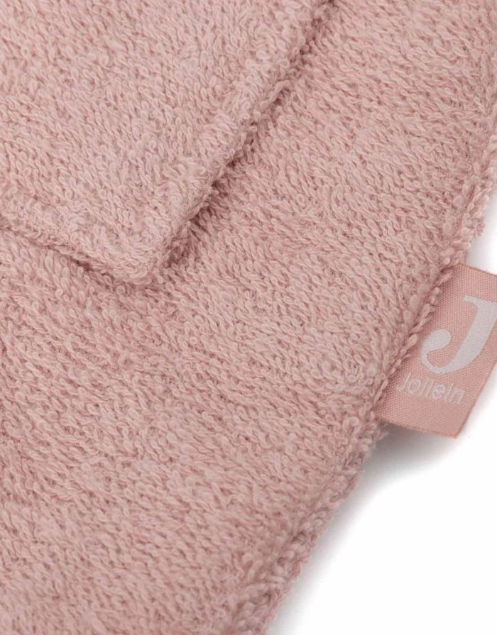 Jollein Kinderbademantel in der Farbe Wild Rose aus weichem Baumwollfrottee mit Kapuze und Gürtel.
