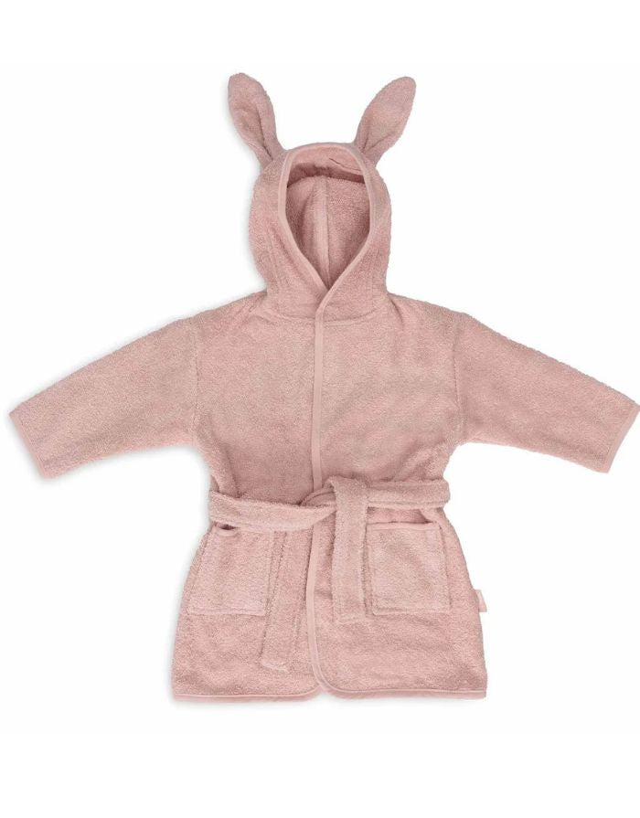 Jollein Kinderbademantel in der Farbe Wild Rose aus weichem Baumwollfrottee mit Kapuze und Gürtel.