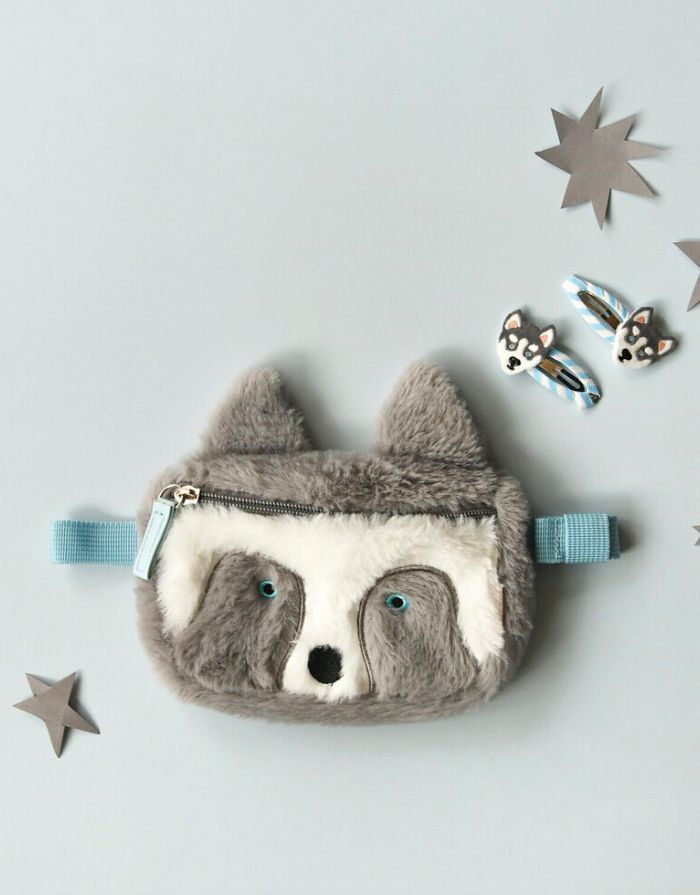 Rockahula Husky Bauchtasche – flauschige Hundetasche mit blauen Augen, Reißverschluss und verstellbarem Gurt.