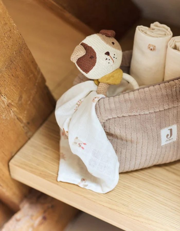 Jollein Beißring „Hund Mick“ – weicher Silikon-Beißring mit gestricktem Hundekopf, CE-zertifiziert, lindert Zahnungsschmerzen.