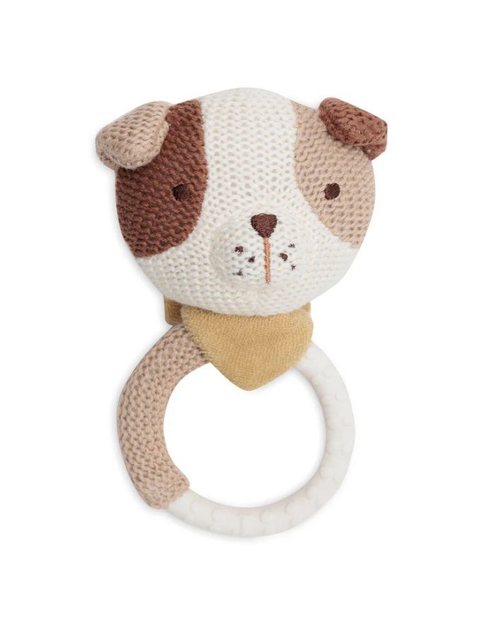 Jollein Beißring „Hund Mick“ – weicher Silikon-Beißring mit gestricktem Hundekopf, CE-zertifiziert, lindert Zahnungsschmerzen.