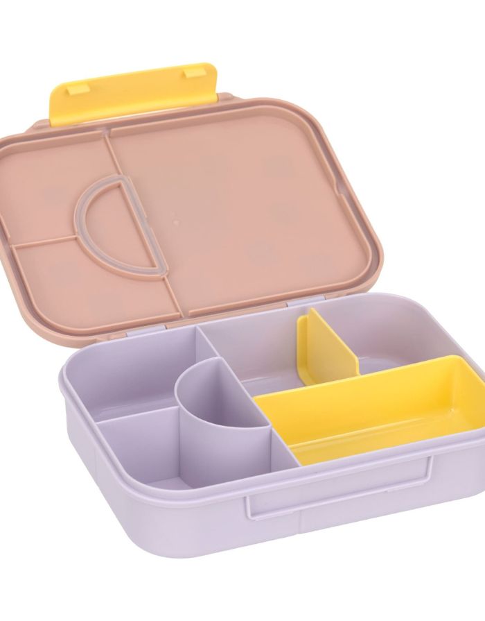 Bento Lunchbox von LÄSSIG in Rosa/Lila aus der Pattern Party Kollektion, mit Trennwänden, herausnehmbarem Einsatz und Silikondeckel – ideal für Kindergarten, Schule und Ausflüge.