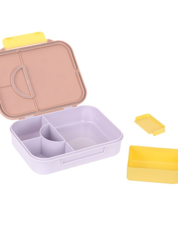 Bento Lunchbox von LÄSSIG in Rosa/Lila aus der Pattern Party Kollektion, mit Trennwänden, herausnehmbarem Einsatz und Silikondeckel – ideal für Kindergarten, Schule und Ausflüge.