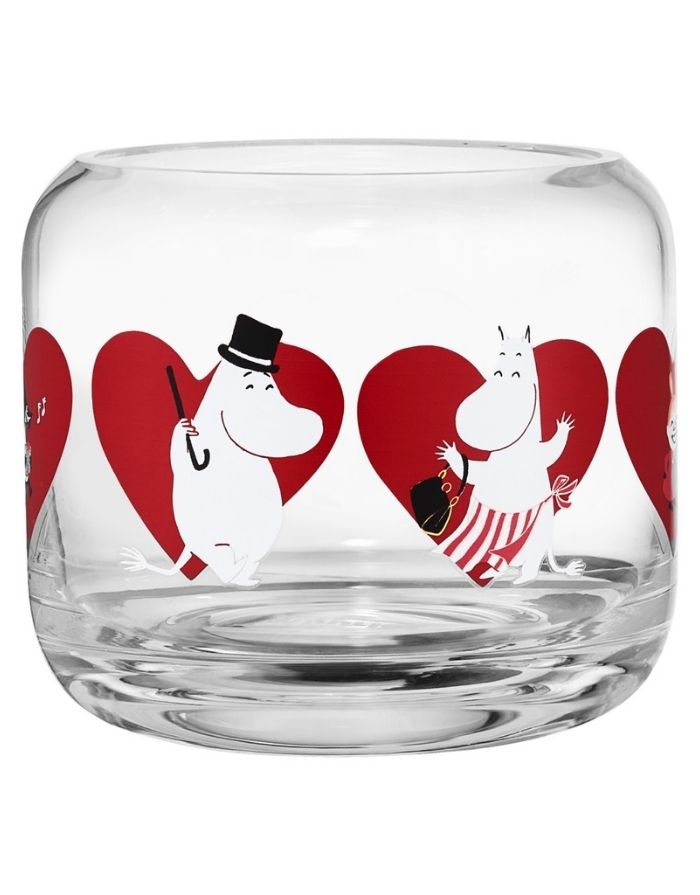 Moomin Teelichtglas Hearts, Ø 9 cm, Höhe 8 cm, mit Herz-Illustration, geeignet für Teelichter oder kleine Snacks, handwaschbar.