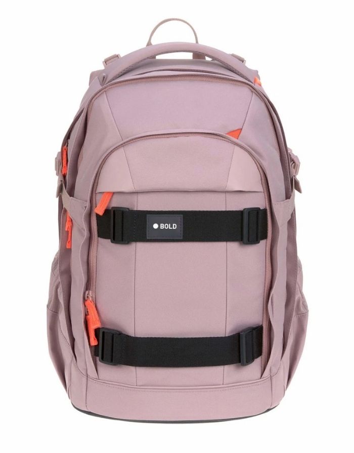 ALT Text: LÄSSIG BOLD Origin Schulrucksack in Mauve mit ergonomischem Rückensystem, 30 Liter Volumen und reflektierenden Details von vorne