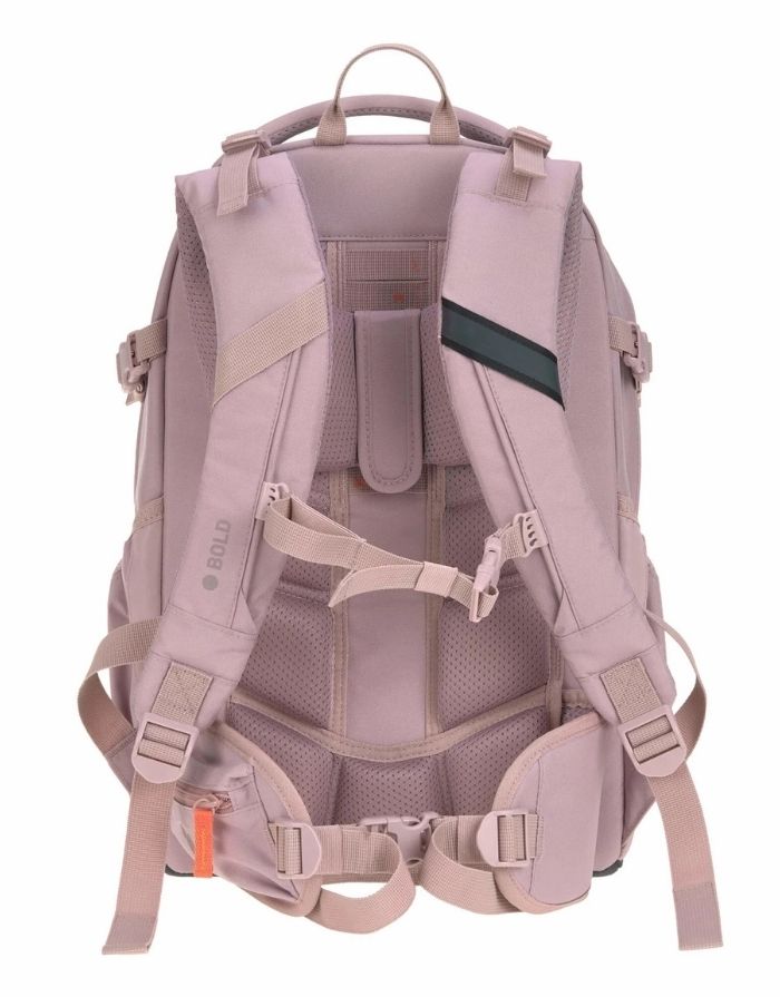 ALT Text: LÄSSIG BOLD Origin Schulrucksack in Mauve mit ergonomischem Rückensystem, 30 Liter Volumen und reflektierenden Details von hinten