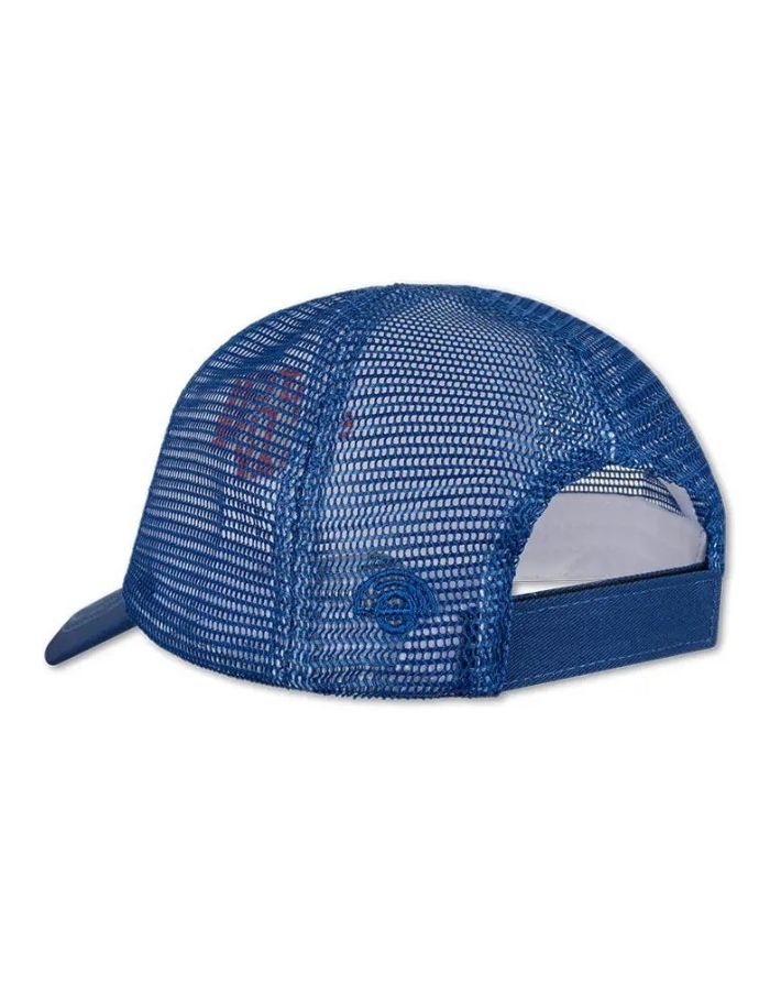 Blaue Trucker-Cap Catch of the Day von Swim Essentials mit weißer Vorderseite, Mesh-Rückseite und rotem Schriftzug.