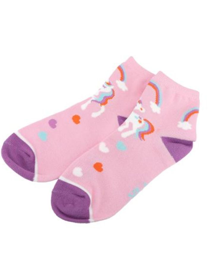  Magische Ylvi Socken in Rosa mit Einhorn, Herzen und Regenbogen sowie im Dunkeln leuchtenden Details, Größe 26–36.