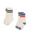 2er Set Crew Socken für Kinder von Konges Sløjd in Weiß mit Rot und Blau und Schwarz 