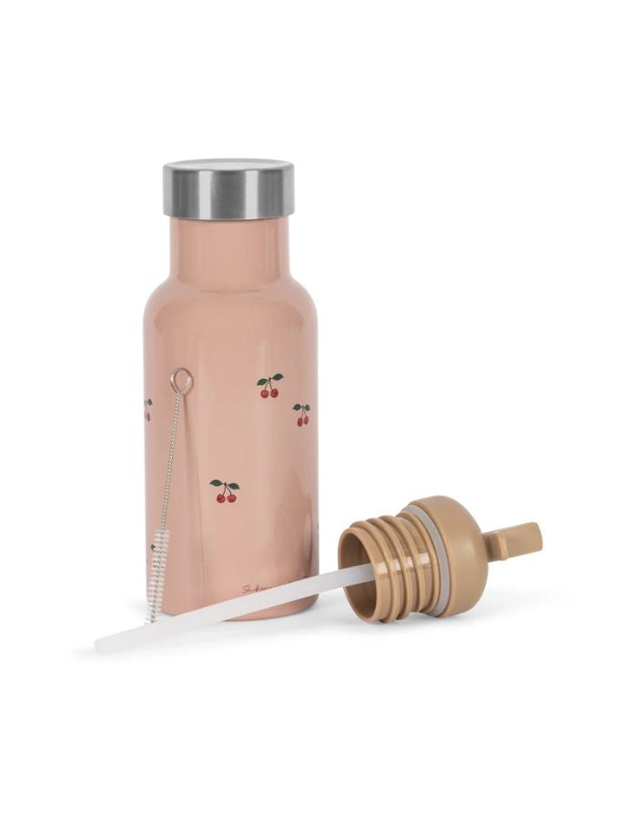 350ml Thermo Trinkflasche für Kinder von Konges Sløjd i Pink mit Kirschenmuster und Deckel mit Strohhalm