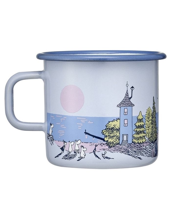 Muurla Moomin Emaille Becher Sunset mit Pastellillustration aus dem Desert-Island-Comic, 5,5 dl, robuster Outdoor-Becher aus Emaille