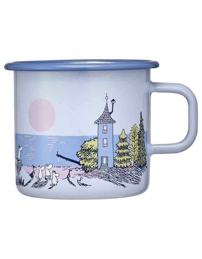 Muurla Moomin Emaille Becher Sunset mit Pastellillustration aus dem Desert-Island-Comic, 5,5 dl, robuster Outdoor-Becher aus Emaille