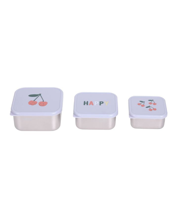 Edelstahl-Snackboxen im 3er Set mit Kirschmotiv für Kinder, BPA-frei, spülmaschinengeeignet, stapelbar, ideal für unterwegs ab 3 Jahren.