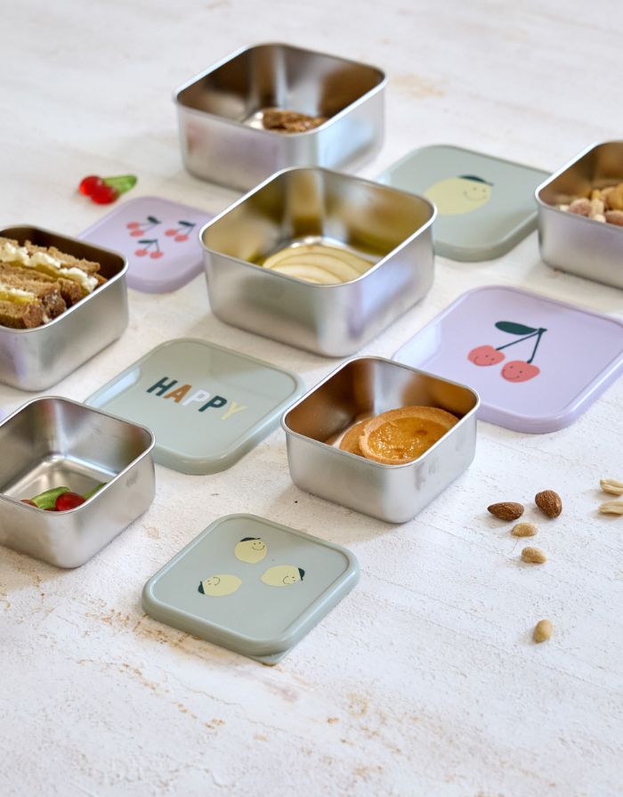Edelstahl-Snackboxen im 3er Set mit Kirschmotiv für Kinder, BPA-frei, spülmaschinengeeignet, stapelbar, ideal für unterwegs ab 3 Jahren.