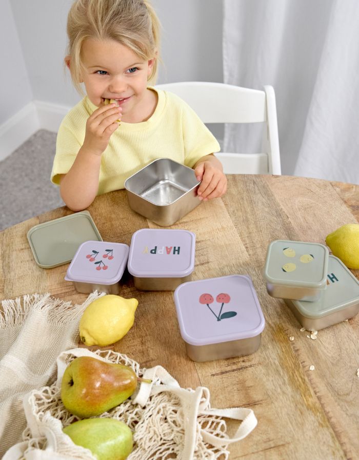 Snackbox 3er Set aus Edelstahl für Kinder, Zitronenmotiv, BPA-frei, spülmaschinengeeignet, platzsparend, aus der Happy Fruits Kollektion.