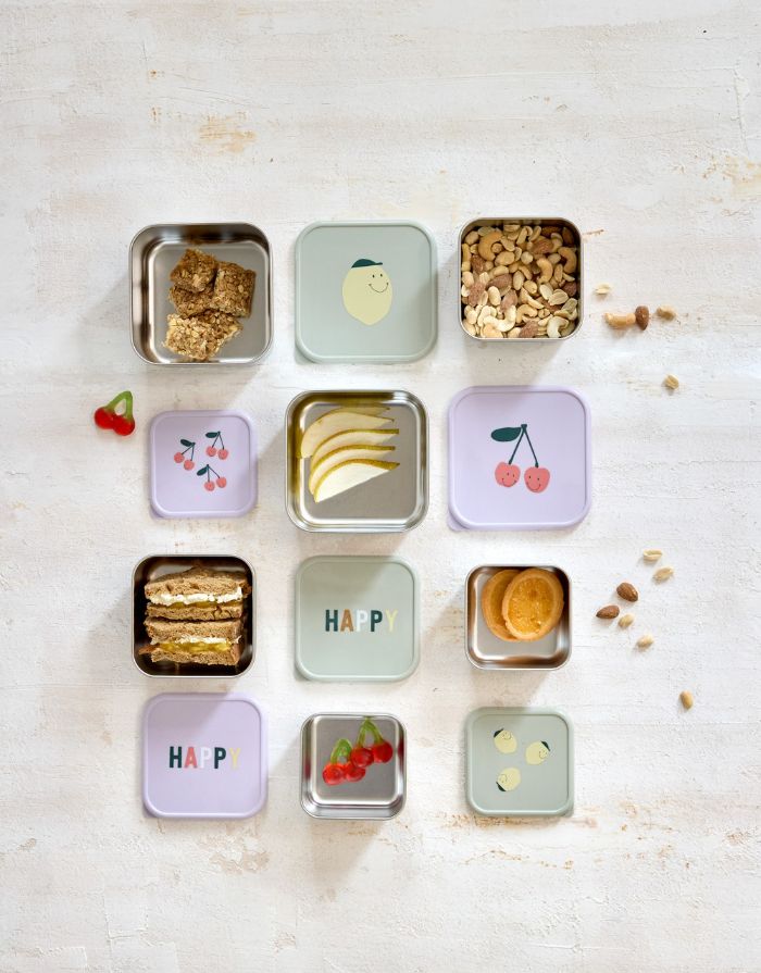 Snackbox 3er Set aus Edelstahl für Kinder, Zitronenmotiv, BPA-frei, spülmaschinengeeignet, platzsparend, aus der Happy Fruits Kollektion.