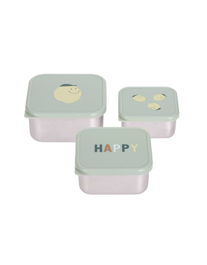 Snackbox 3er Set aus Edelstahl für Kinder, Zitronenmotiv, BPA-frei, spülmaschinengeeignet, platzsparend, aus der Happy Fruits Kollektion.