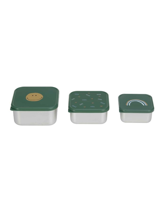 Grünes Edelstahl-Snackbox-Set für Kinder im Happy Rascals Smile Design, 3-teilig, BPA-frei, spülmaschinengeeignet, stapelbar, ideal für Snacks unterwegs ab 3 Jahren.