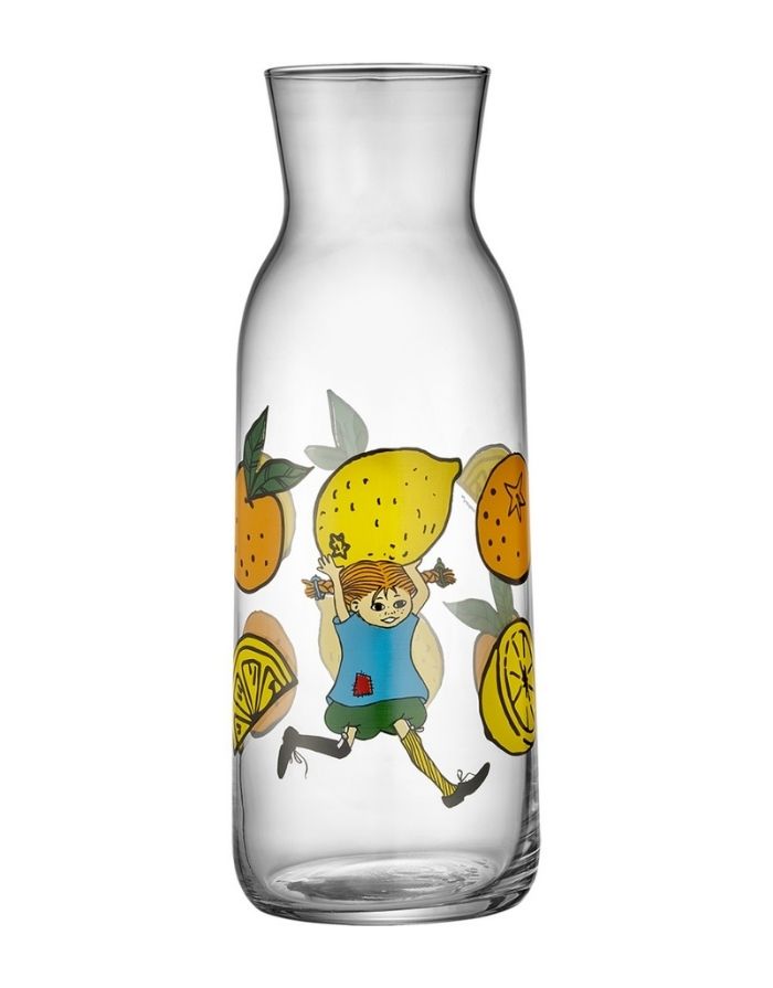 Pippi Langstrumpf Karaffe „Lemonade“, 1,2 Liter, Glas in Gelb-Orange mit Illustration, Ø 9 cm, Höhe 25 cm, spülmaschinenfest.