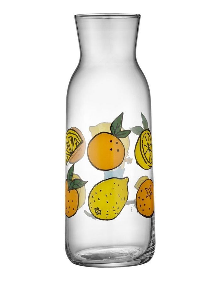 Pippi Langstrumpf Karaffe „Lemonade“, 1,2 Liter, Glas in Gelb-Orange mit Illustration, Ø 9 cm, Höhe 25 cm, spülmaschinenfest.