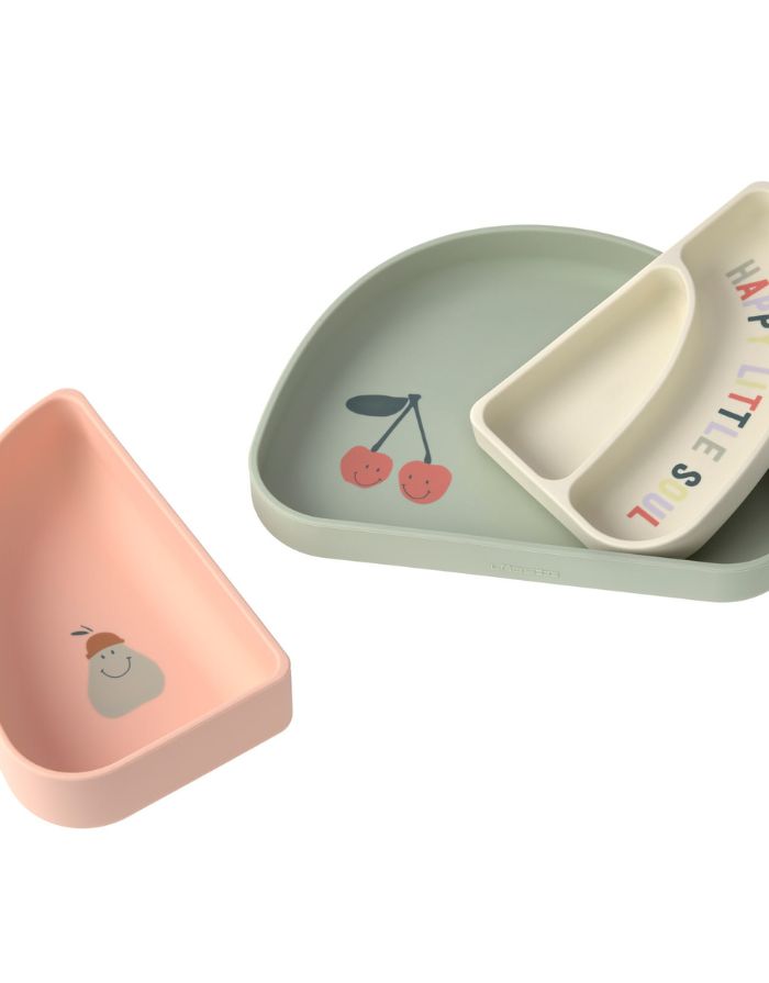 LÄSSIG Menüteller Kinder Silikon 3er Set Happy Fruits Kirsche, Regenbogenform, BPA-frei, stapelbar, bruchfest, spülmaschinen- und mikrowellengeeignet.