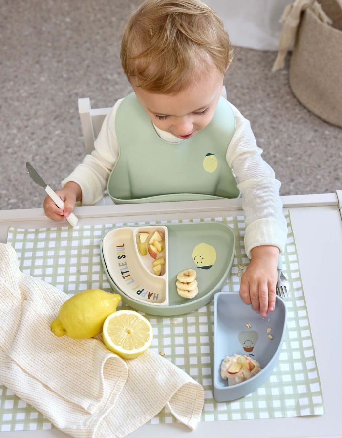 LÄSSIG Menüteller Kinder Silikon 3er Set Happy Fruits Lemon, Regenbogenform, BPA-frei, stapelbar, bruchfest, spülmaschinen- und mikrowellengeeignet.