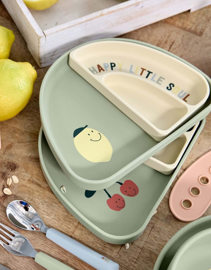 LÄSSIG Menüteller Kinder Silikon 3er Set Happy Fruits Lemon, Regenbogenform, BPA-frei, stapelbar, bruchfest, spülmaschinen- und mikrowellengeeignet.
