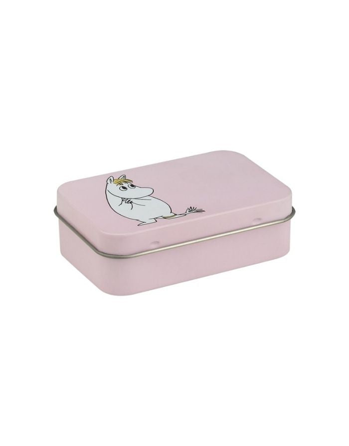 Rosa Metalldose Moomin Snorkmaiden von Muurla im Retro-Design zur Aufbewahrung von Schmuck und kleinen Gegenständen als Freisteller von der Seite