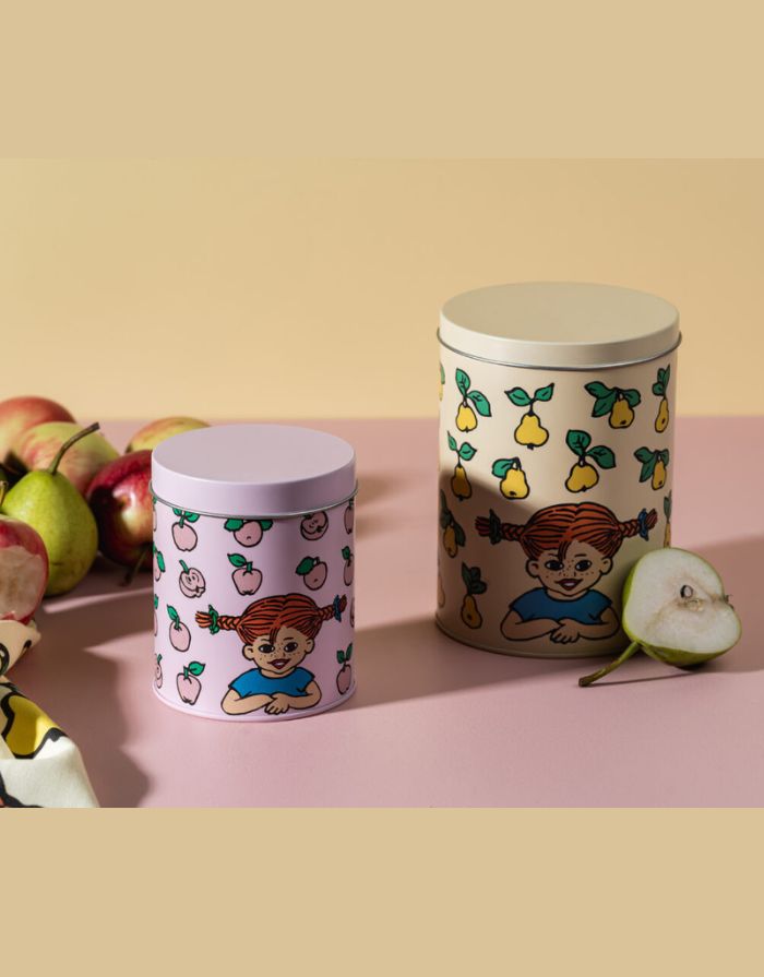 Metalldose Pippi Langstrumpf Fruits in Rosa von Muurla mit Pippi-Motiv, runde Aufbewahrungsdose, ca. 14 cm hoch