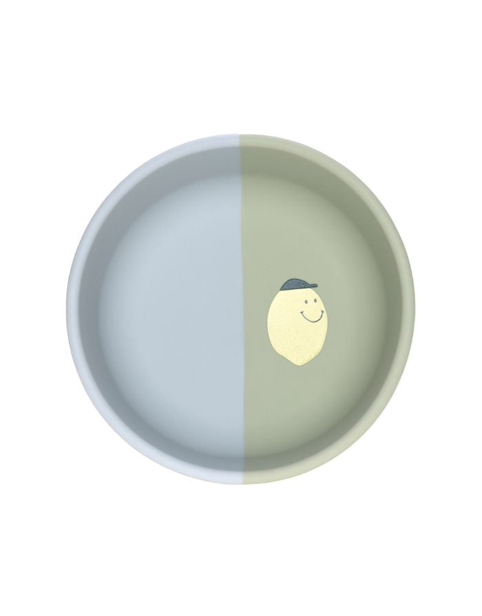 Blaue und grün Kinderschale aus Silikon mit Zitronenmotiv, BPA-frei, flexibel, mikrowellen- und spülmaschinengeeignet, ideal für Babys ab 6 Monaten.