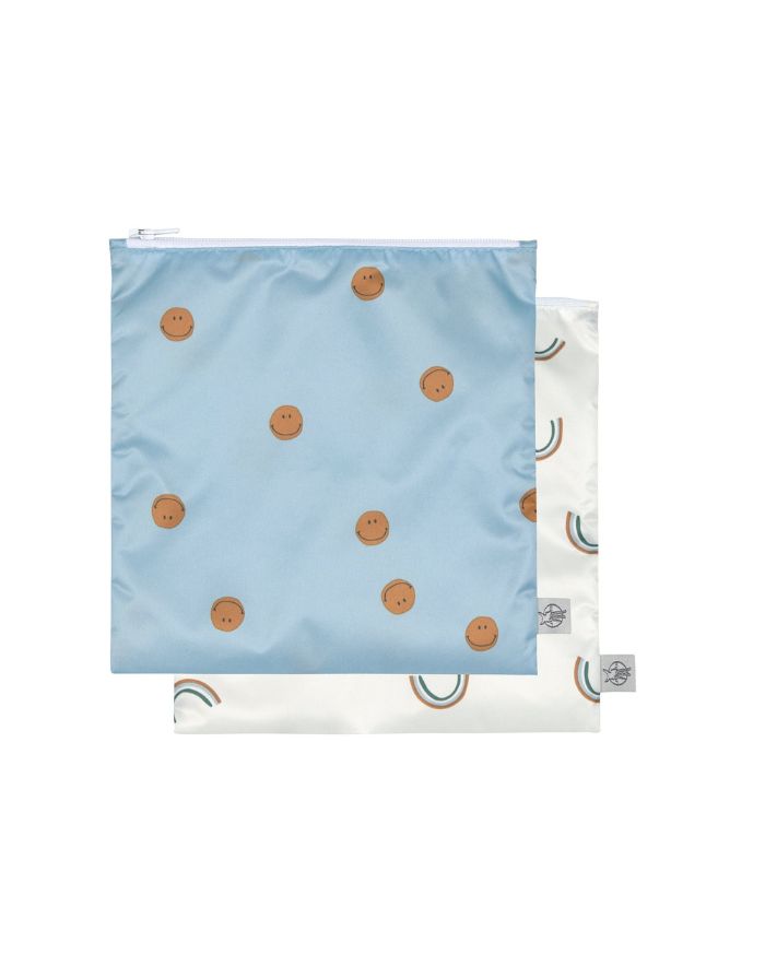 Wiederverwendbarer Snack Bag 2er Set für Kinder, Smile-Motiv in Blau, BPA-frei, wasserabweisend, 17 x 18 cm, Happy Rascals Kollektion von Lässig.