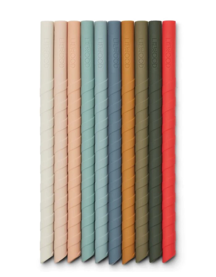 Liewood Timoti Strohhalme Multi Mix aus Silikon im 10er-Set mit Reinigungsbürste.