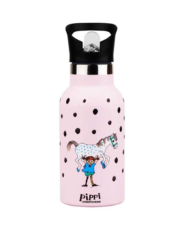 Rosa Pippi Trinkflasche von Barbo Toys aus Edelstahl mit Pippi Langstrumpf Motiv und Tragegriff.