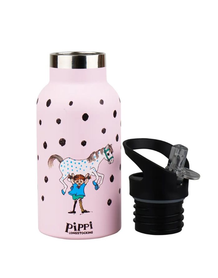Rosa Pippi Trinkflasche von Barbo Toys aus Edelstahl mit Pippi Langstrumpf Motiv und Tragegriff.