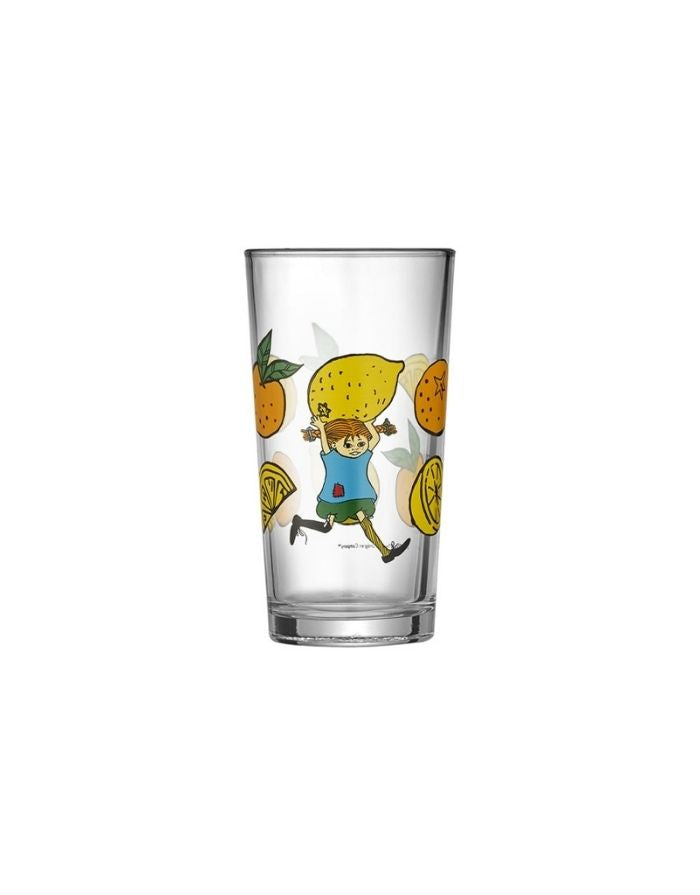 Pippi Langstrumpf Trinkglas „Lemonade“ mit gelb-orangem Design und Illustration, 2,5 dl, 12 cm hoch, spülmaschinenfest.