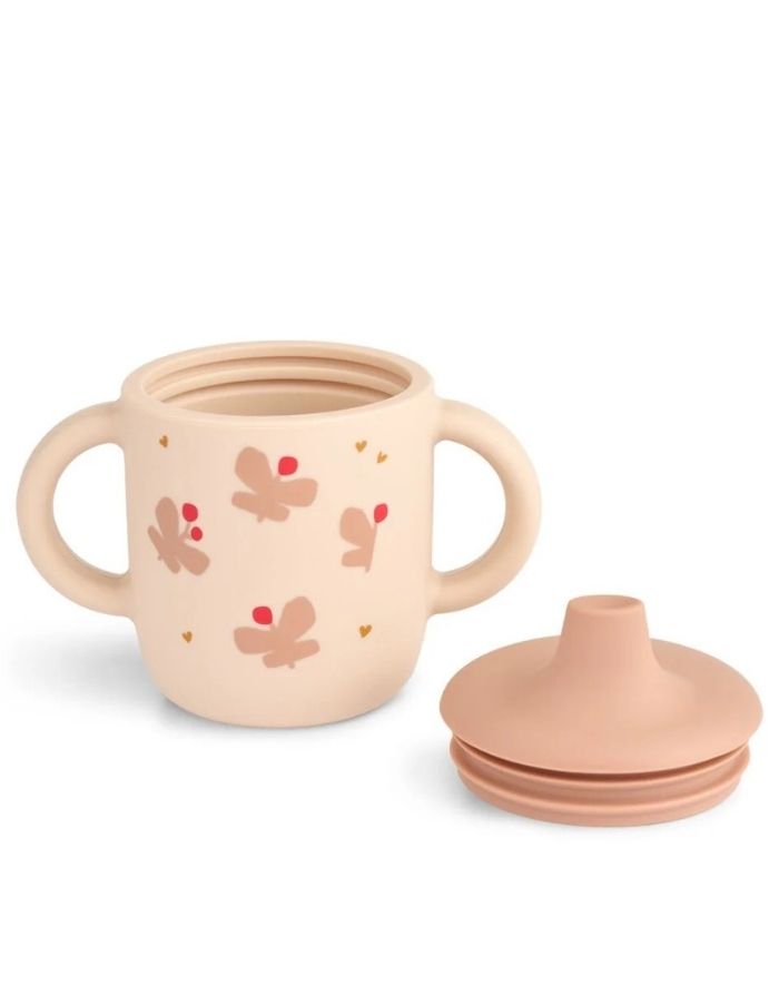 Liewood Trinklernbecher Neil Butterfly Apple Blossom aus Silikon mit Griffen und Ausguss, 150 ml.