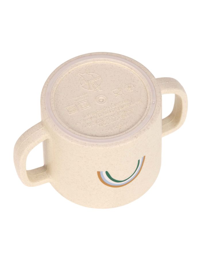 Grüner Trinklernbecher mit Smiley-Motiv, zwei Griffen und Antitropf-Ventil, BPA-frei, rutschfest, mikrowellen- und spülmaschinengeeignet, geeignet für Babys ab 6 Monaten.