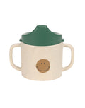 Grüner Trinklernbecher mit Smiley-Motiv, zwei Griffen und Antitropf-Ventil, BPA-frei, rutschfest, mikrowellen- und spülmaschinengeeignet, geeignet für Babys ab 6 Monaten.