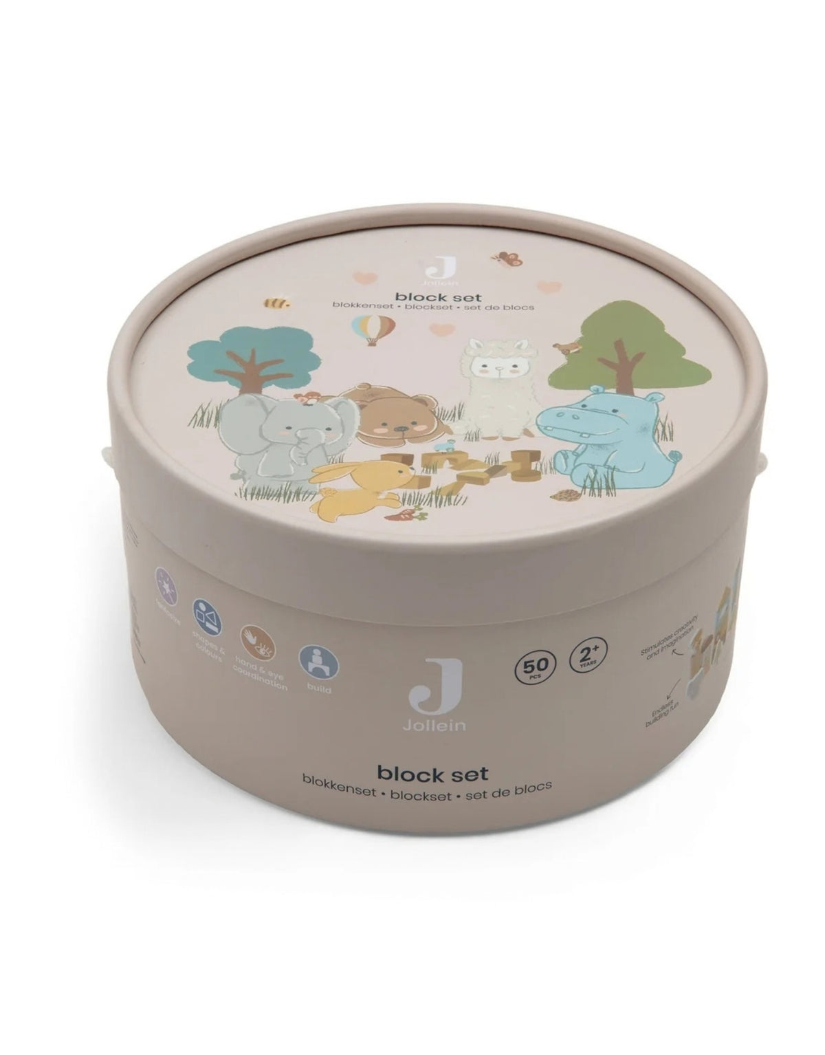 Holz-Blockset Jollies von Jollein mit 50 bunten Holzbausteinen und niedlichen Jollies-Figuren für Kinder ab 2 Jahren in Verpackung 
