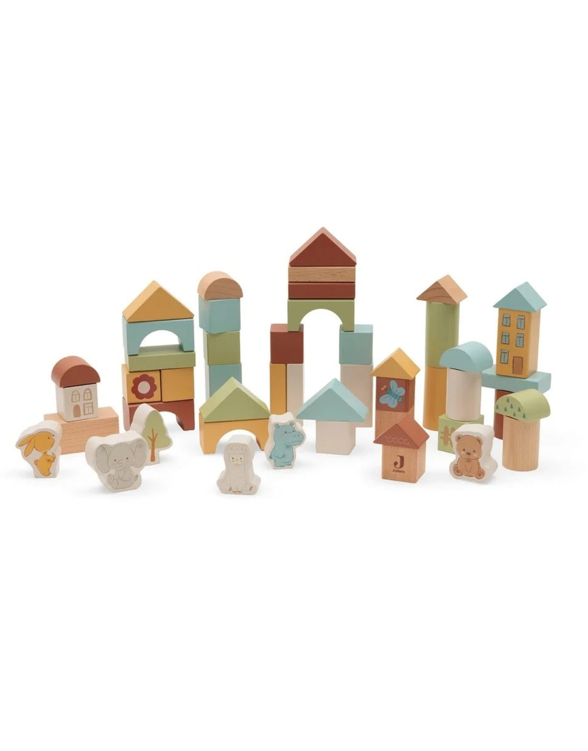 Holz-Blockset Jollies von Jollein mit 50 bunten Holzbausteinen und niedlichen Jollies-Figuren für Kinder ab 2 Jahren ausgepackt