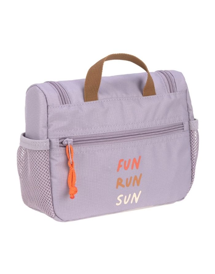 Lila Kulturbeutel Little Gang von LÄSSIG mit wasserabweisendem Material und praktischer Innenaufteilung für Kinder.