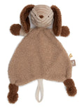 Schnuffeltuch Animal Friends Diego von Jollein in Hundeform aus weichem Rippstoff in Biscuit mit braunen Bouclé-Details und Schnullerschlaufe.